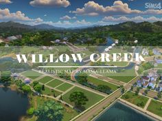 an artist's rendering of willow creek in the middle of a lake and mountains