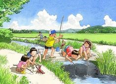 children are playing in the water with their fishing rods and poles, while others watch