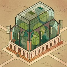 an illustration of a glass building with lots of windows on the top and bottom floor