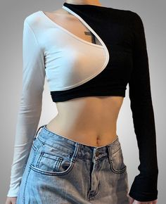 Black White Patchwork Crop Top – pinkpunkarea Wiccan Clothing, Patchwork Crop Top, Asymmetric Neckline, Anton, Look Cool, Aesthetic Clothes, Pretty Outfits