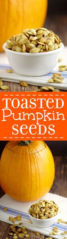 toasted pumpkin seeds in a white bowl on top of a wooden table next to an orange pumpkin