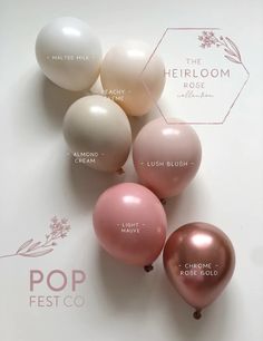 five balloons with the names of different types and colors on them, sitting next to each other