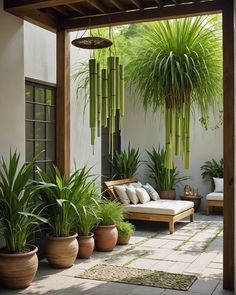 a patio with potted plants and couches on the floor next to each other