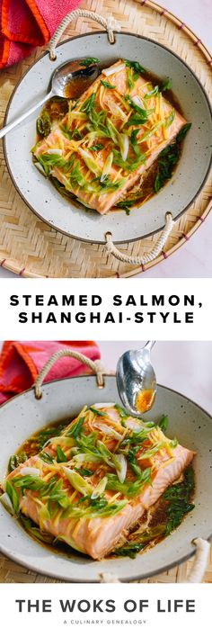 two pictures of salmon in a pan with sauce and vegetables on the side, next to an image of steamed salmon, shanghai style