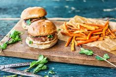 an ad for lemongrass pork burgers with grilled fries and sweet potato fries