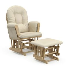 a wooden rocking chair with a foot stool