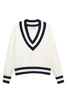 Preppy stripes frame a varsity-inspired sweater knit with slouchy, dropped shoulders in a comfortably relaxed silhouette. V-neck Long sleeves 50% viscose, 28% polyester, 22% polyamide Hand wash, dry flat Imported Varsity Sweater, Preppy Sweater, Judas Priest, Wool Turtleneck, Half Zip Sweaters, Collar Sweater, Designer Clothes For Men, Knitwear Cardigan, Knitted Jumper