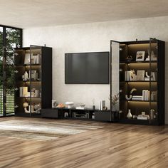 a living room filled with furniture and a flat screen tv mounted on a wall next to a window