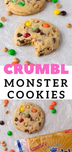 two cookies with m & m candy on top and the words crumbl monster cookies above