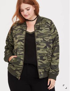 Torrid Women's Green Camo Bomber Jacket Size 00 Full Zip DESCRIPTION A blush pink lining adds a feminine touch to a sporty bomber jacket that's silky-soft and slightly padded. Front zip closure Long sleeves Side pockets Ribbed trim Contrast quilted lining CONTENT + CARE Polyester; lining: polyester/spandex Wash cold; dry low Imported plus size jacket Cute Sweatpants Outfit, Camouflage Fashion, Plus Size Jacket, Cute Sweatpants, Sporty Jacket, Lesbian Fashion, Blond Amsterdam, Stefan Janoski, New Street Style