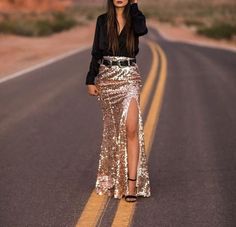 The Selena Maxi Skirt Rodeo Back Number, Sequin Skirt Outfits, Long Dress With Boots, Rose Gold Sequin Skirt, Rodeo Queen Clothes, Sequin Skirt Outfit, Sequin Maxi Skirt, Nfr Outfits, Outfit Jean