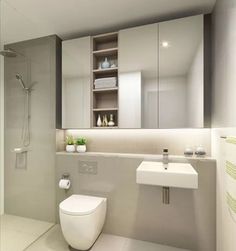 a white toilet sitting next to a walk in shower under a bathroom mirror above a sink