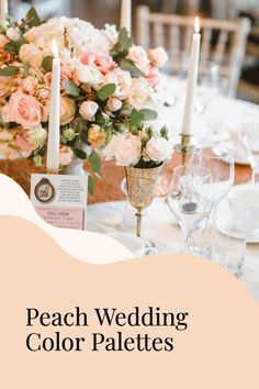 peach wedding color palettes with candles and flowers on the center table for an elegant reception