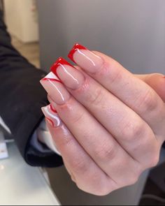 Xmas Nail Ideas Acrylic, Cute Christmas Acrylic Nails Simple, Square Nail Christmas Designs, Simple Christmas Nails Coffin Short, Red French Tip Nails Coffin Christmas, Christmas Simple Nails Winter, Christmas Nail Coffin Shape, Christmas Nails Coffin Simple, Gel Nails Ideas Christmas French Tips