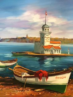 a painting of two boats on the shore with a lighthouse in the back ground and another boat out front