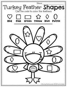 the turkey feather shapes worksheet is shown in black and white, with an image of