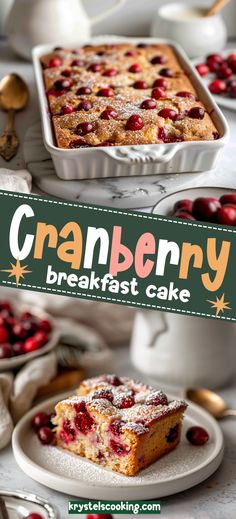 cranberry breakfast cake on a plate with the title overlay reading, cranberry breakfast cake