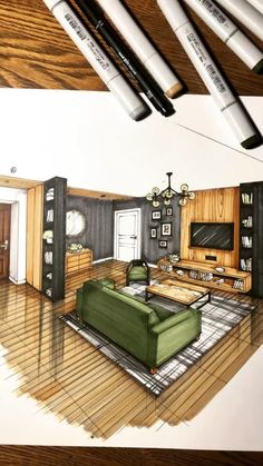 a drawing of a living room with green couches and coffee table in the middle