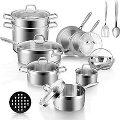 an assortment of stainless steel pots and pans on a white background with the lids down