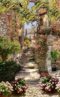 the steps are lined with flowers and potted plants on either side of the stone building