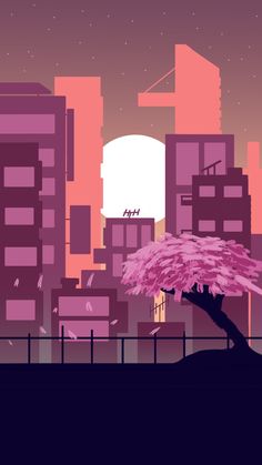 a pink tree in front of a cityscape at night with the sun setting