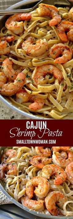 shrimp pasta in a skillet with the words cajun shrimp pasta on top and bottom