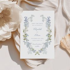 Romantic Soft Blue Vintage Floral Wedding Template June Blue Wedding, Blue Coastal Wedding Invitations, Gold And Blue Wedding Invitations, Bridgerton Save The Date, Blue And White Save The Date, Romantic Save The Dates, Save The Dates With Pictures, Blue Flower Frame, Shein Wedding