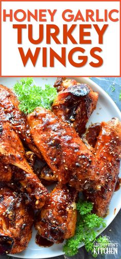 honey garlic turkey wings on a white plate