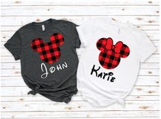 "Cute Matching Mickey and Minnie Couples Christmas shirts, SUPER soft Unisex Tee These tee's are truly the best fitting shirts, extremely comfortable and soft. We do not use cheap tees. Comes in  Green, Red, or Dark Grey if you would like it on another color tee send us a message and we will be happy to help! Ready to ship in 3-5 business days! If you would like to customize your item please send us a message. We use high-quality vinyl, with a soft touch and stretch. To keep your shirt looking a Disney Christmas Outfits, Mickey And Minnie Christmas, Disney Couple Shirts, Couples Shirts, Minnie Christmas, Matching Christmas Shirts, Shirts Cute, Cute Christmas Shirts, Couple Tees