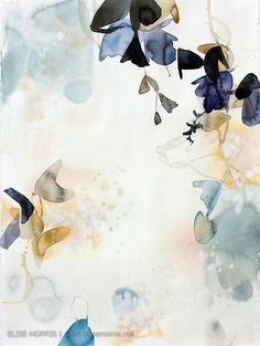 an abstract painting with blue, yellow and black butterflies on it's wings in flight