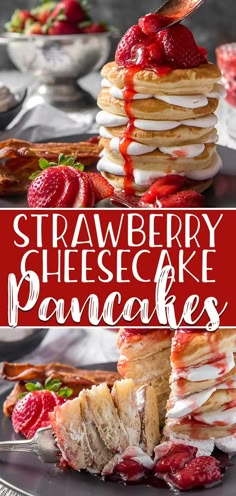 strawberry cheesecake pancakes stacked on top of each other