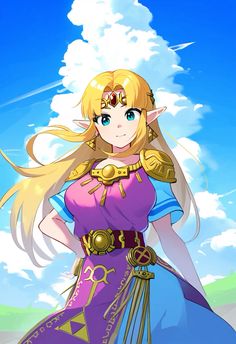 an anime character with long blonde hair wearing a purple dress and gold jewelry, standing in front of a blue sky