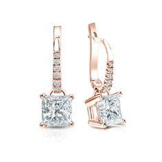 These beautiful diamond earrings come set in 14k rose gold metal dangle studs 4-prong basket setting and breathtaking princess-cut natural diamonds with 2.00 ct. total weight for center stone and 0.10 ct. total weight of small dazzling round diamonds as side stone, together takes 2.10 ct. total weight, available with lever back clasps. Princess Cut Earrings, Black Diamond Pendant, Beautiful Diamond Earrings, Yellow Gold Diamond Earrings, Black Diamond Studs, Solitaire Diamond Pendant, Earrings Sparkle, Colored Diamond Rings, Basket Setting