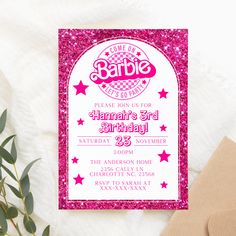 a pink and white birthday party card with stars on it