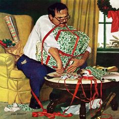 a painting of a man wrapping presents on a table