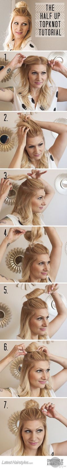 The year of the sock bun happened in 2012/2013. Braids were inescapable in 2014. In 2015, the super trendy lob ruled all. I predict that 2016 will be the year of half-up/half-down hairstyles, and I really hope that I’m right. In case you haven’t noticed, the half-up top knot has been everywhere for the last … Read More Half Up Top Knot, Cool Easy Hairstyles, Different Hair, Super Hair, Simple Top, Half Up Half Down Hair, Easy Ideas, Hairstyles Ideas