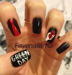 Green day, American idiot nails Green Day Nails Band, Rock Music Nails, Rock Band Nails, Green Day Nails, Emo Acrylics, Nails Green Dark, St Jimmy, Rock Nails, Nagel Design