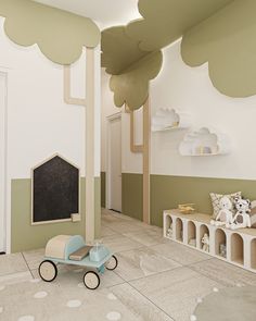 a child's room with green walls and white clouds on the ceiling