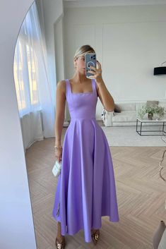 Chic and elegant midi length dress with wide straps in lavender. The neckline decorated with rhinestones makes the dress really special. Will fit nicely to every body shape. Invisible Zip Fastener. Lilac Dresses Formal, Lilac Wedding Guest Dress, Lilac Dress Outfit Wedding, Lilac Dress Formal, Lilac Dress Outfit, Elegant Graduation Dress, Elegant Outfit Dress, Purple Color Dress, Paris Fits