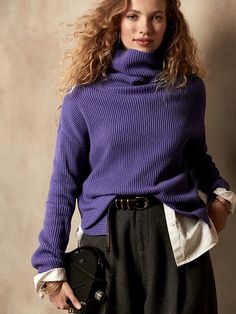 Italian Wool-Cashmere Blend Turtleneck Sweater | Banana Republic Berry Color Sweater, Purple Turtle Neck Sweater, Womens Purple Sweaters, Indigo Purple, Turtleneck Style, Oversized Turtleneck Sweater, Purple Daisy, Oversized Turtleneck, High Waist Fashion