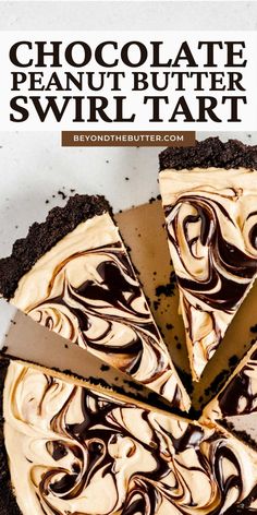 a chocolate peanut butter swirl tart is cut into slices