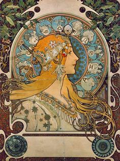 an art nouveau poster with a woman's face