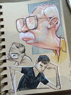 a drawing of an older man with glasses and a younger man in the back ground