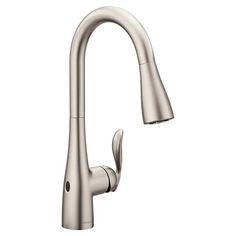 a kitchen faucet with the pull out sprayer and chrome finish on an isolated white background