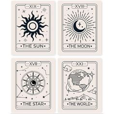 four tarot cards with the sun, the moon and the stars