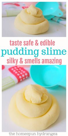 two images with the words taste safe & edible puddinging slime silky and smells amazing