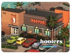 an animated image of a hooter's restaurant with cars parked in front