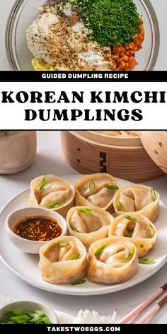 korean dumplings with dipping sauces and chopsticks on the side, in front of