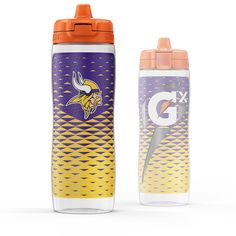 two sports bottles with the logo of the minnesota state wolverines on them, one orange and one purple