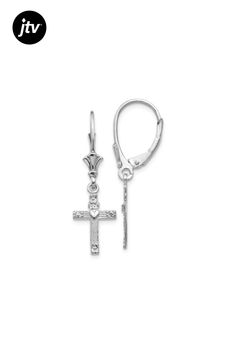 Rhodium over 14k white gold textured mini cross with heart dangle earrings. Measure approximately 1 1/4"L x 3/8"W and have leverback closures. White Gold Dangle Jewelry With Lever Back, White Gold Dangle Jewelry With Lever Back Ear Wires, Sterling Silver Cross Jewelry With Lobster Clasp, White Gold Sterling Silver Jewelry For First Communion, Cross With Heart, Mini Cross, Heart Dangle Earrings, Gold Texture, Dangle Earrings